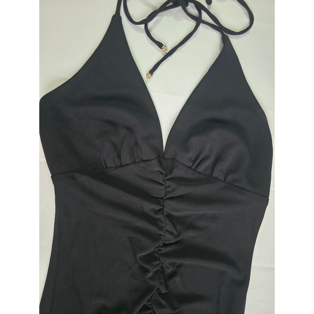 ABS by Allen Schwartz Black Halter Mini Dress Ruched Ruffle Hem Petite 388YU05 - Picture 6 of 16